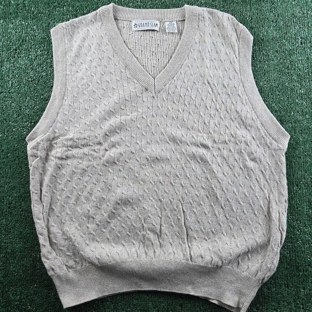 Grand Slam Mens Cable Knit Sweater Vest V-Neck Oatmeal Beige Cotton Size Medium